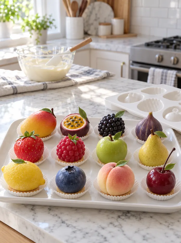 A home kitchen counter with a tray of fruit-shaped desserts