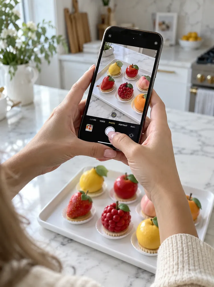 Someone photographing their fruit desserts with a phone